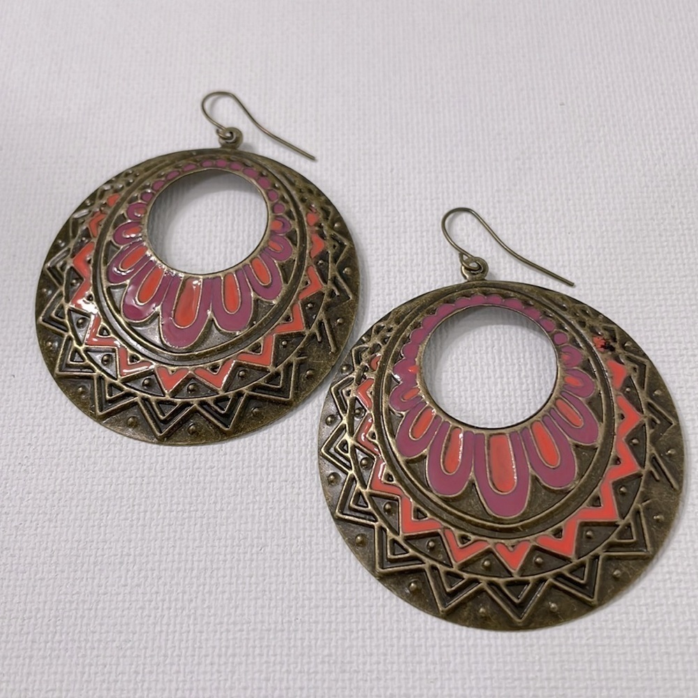 Bohemian Colorful Pattern Bronze Hoops - Picture 5 of 11